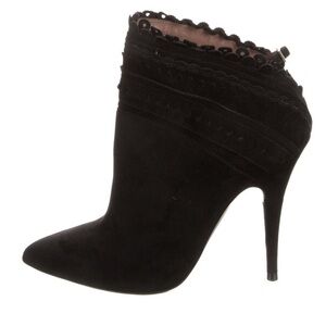 Tabitha Simmons Black Suede Scalloped Lace-Trim Stiletto Ankle Boot